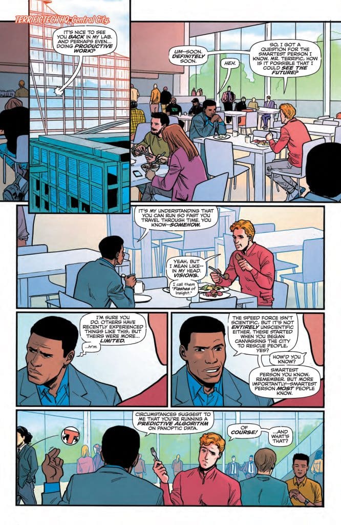 A comic book scene set in a cafe with various characters engaged in conversation. One character discusses time travel and predictive algorithms with another, while people are seen eating and working in the background.