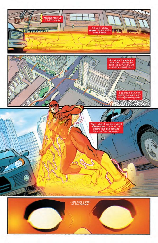 A comic book page featuring a superhero in a vibrant orange suit, running in a city street with an energy trail behind him. Text boxes provide dialogue and thoughts about science and data gathering, along with humorous commentary.