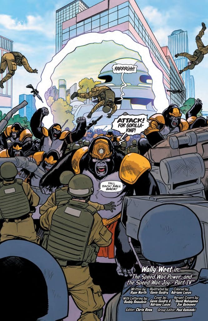 A chaotic urban scene featuring a group of gorilla-like creatures wearing armor, shouting battle cries. In the background, soldiers in tactical gear appear to be retreating while a large robot looms ominously. The setting includes tall buildings and greenery, capturing the tension of the confrontation.