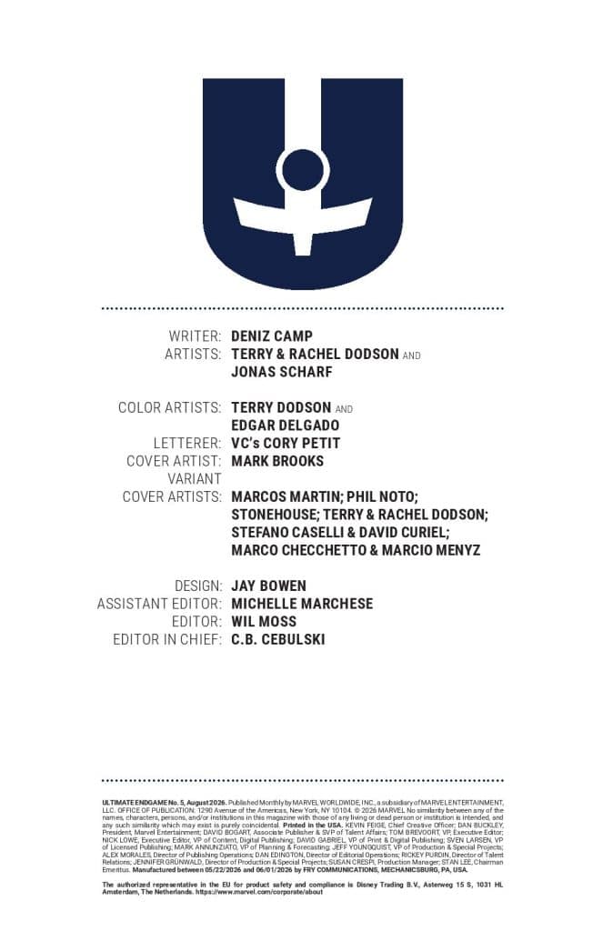 Credits page for a comic book featuring various contributors including writers, artists, colorists, and editors, with details on publication and design.