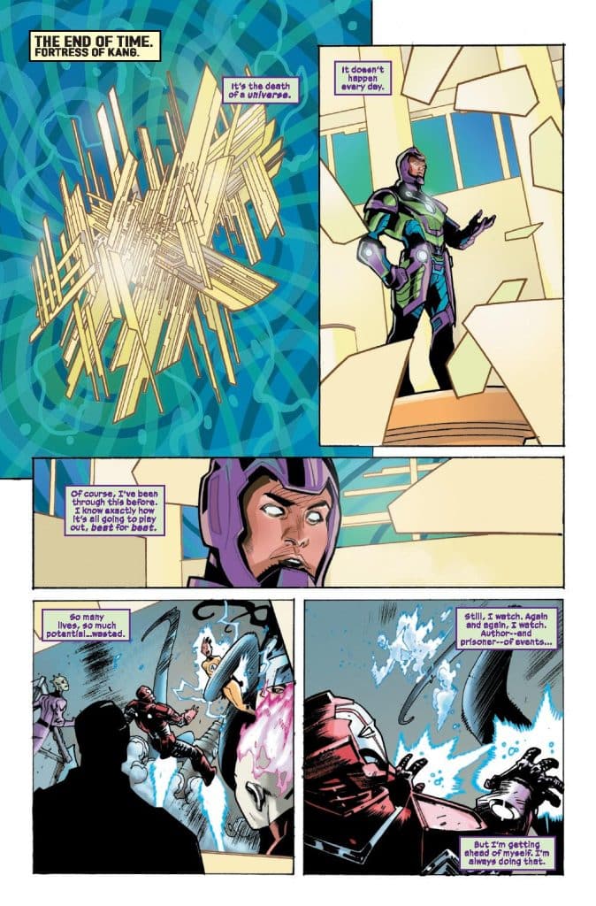 A comic panel depicting a futuristic setting, featuring the character Kang in a vibrant armor, standing in a room with broken glass. In the background, there's an abstract structure representing the death of a universe. The character reflects on the potential of lost lives and observes events occurring around him.