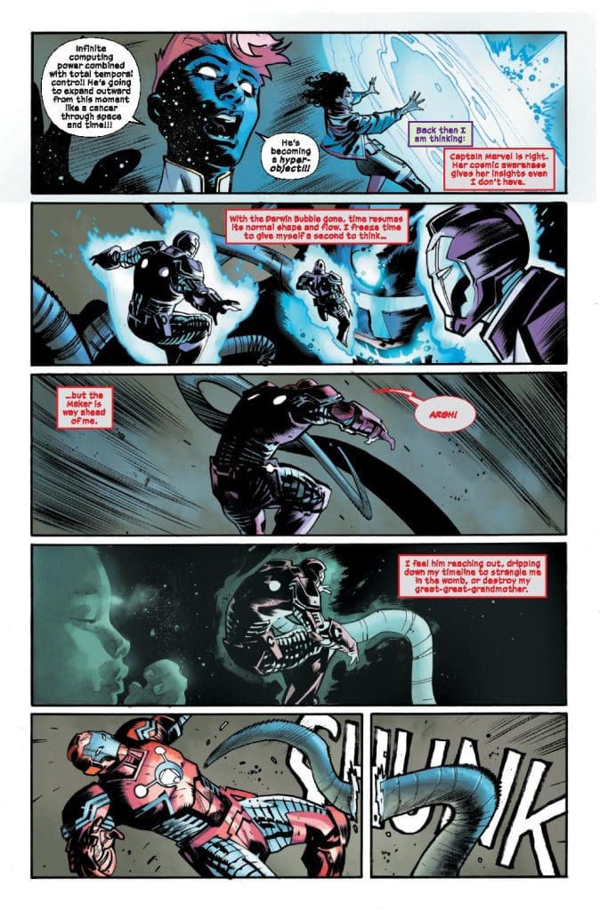 A comic book page featuring multiple panels with characters in a sci-fi setting. The first panel shows a character with pink hair and a thoughtful expression. The second panel includes a dialogue about time resuming normal shape and flow. The third panel depicts a character in a helmet expressing discomfort. The fourth panel presents a dramatic background with a character interacting with a floating entity. The final panel shows an Iron Man character being attacked, with an action sound effect 'THUNK.'