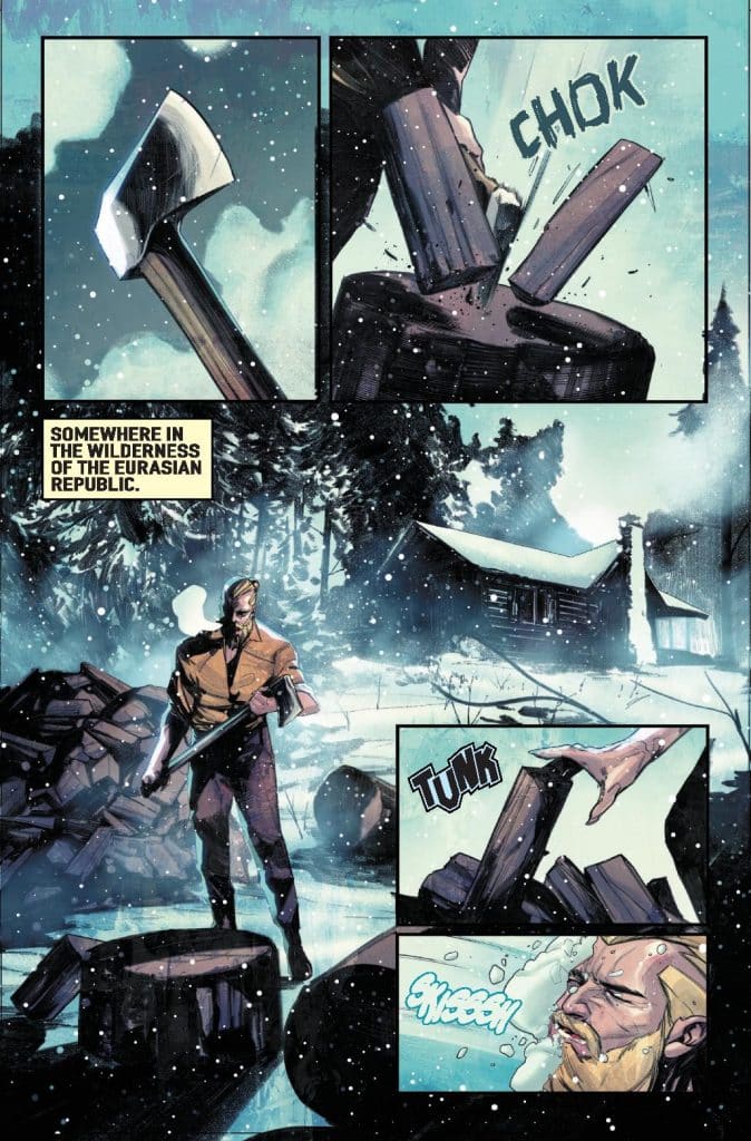 A man in winter clothing swings an axe at a log in a snowy wilderness setting, with a cabin visible in the background. Sound effects depict the impact of the axe and the splitting wood.