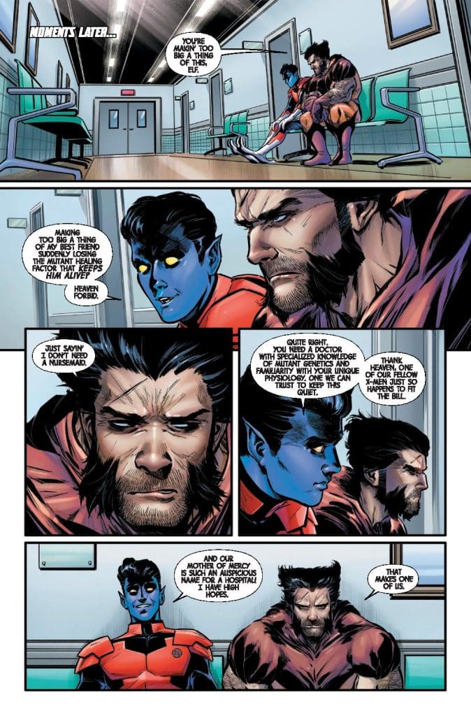 A comic book page featuring two characters in a hospital setting. One character has blue skin and facial features indicative of a mutant, while the other has a rugged appearance with facial hair. They appear to be engaged in a serious conversation about health concerns, with a sense of urgency in their expressions.