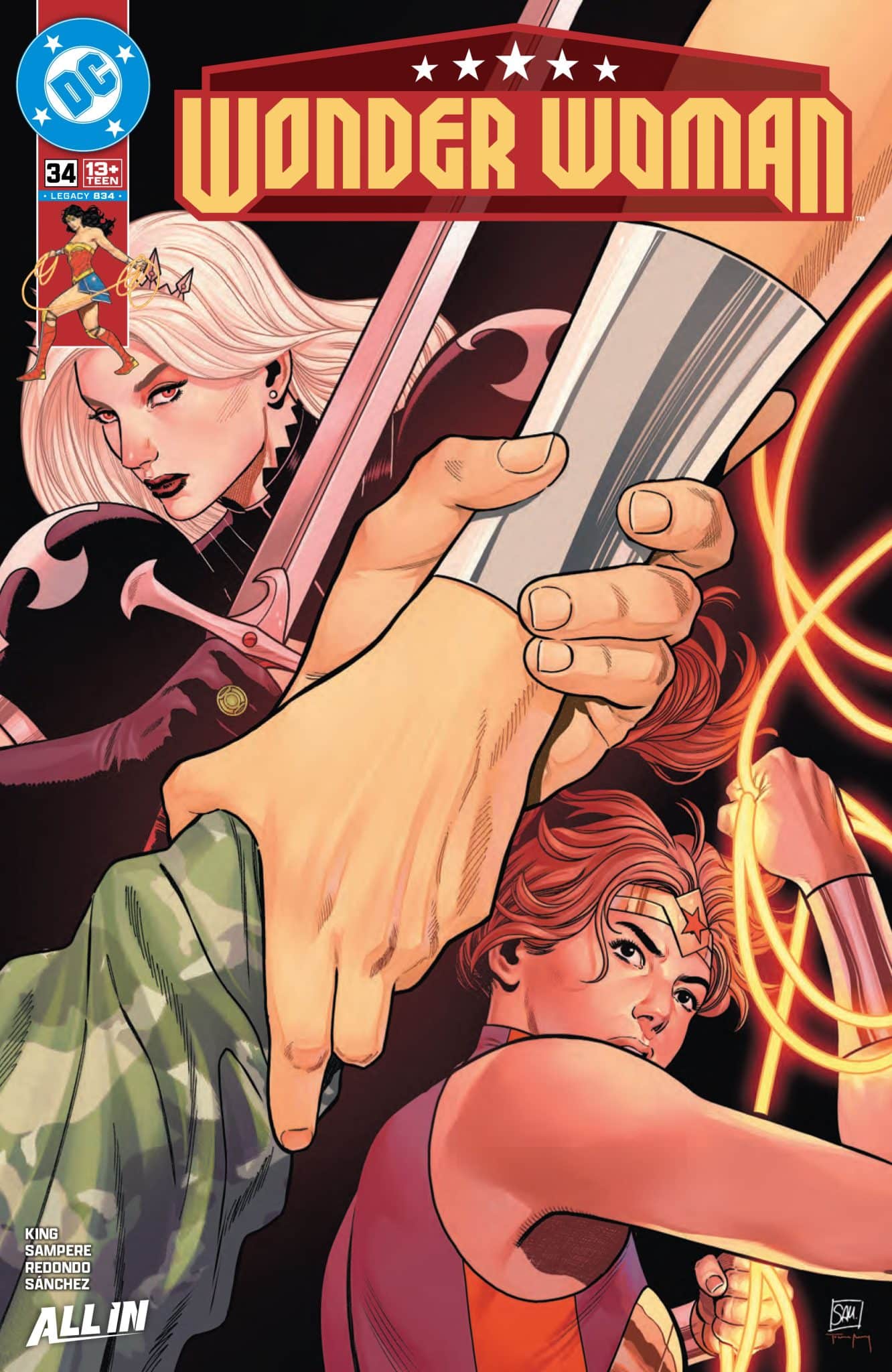 Cover of Wonder Woman comic issue 34 featuring three characters: Wonder Woman wielding her lasso, a hand gripping a sword, and a character with white hair in the background. The title 'Wonder Woman' is prominently displayed at the top.