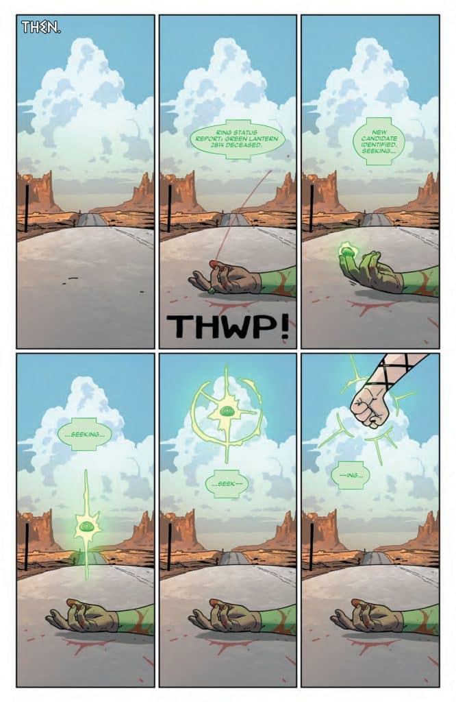 A comic panel depicting a desolate road with rocky formations in the background. A Green Lantern ring hovers above a bloodied arm, signaling a ring status report indicating the Green Lantern 2814 is deceased. The ring is in the process of identifying a new candidate.