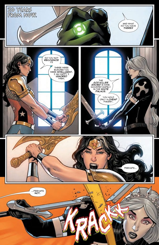 A comic book scene featuring a confrontation between two female characters, one wielding a sword and the other holding a weapon with a green lantern symbol. The dialogue suggests tension and disagreement, with one character expressing disbelief over a sword's authenticity. The bottom panel shows a dynamic action moment, emphasizing a dramatic clash.