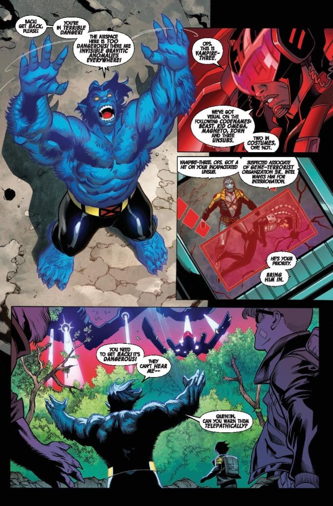 A blue, furry superhero with large arms is warning others about a dangerous situation. In the background, a red, armored figure monitors a visual display showing images of other characters. One character is struggling on the ground while the blue hero raises his hands in urgency. A figure in glasses and another person in a backpack look on, concerned.