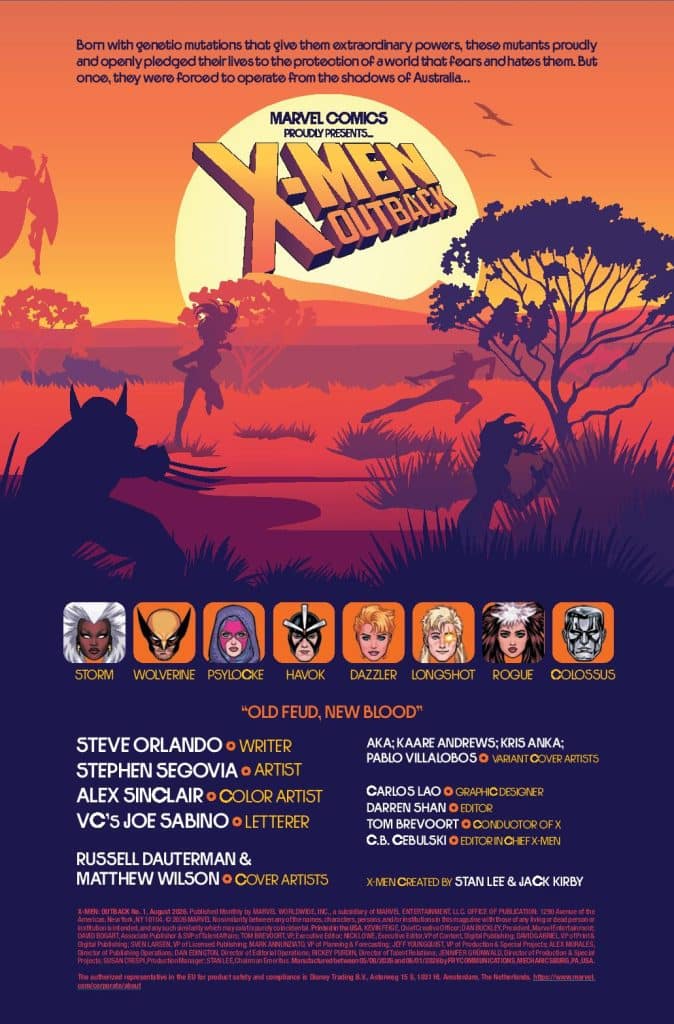 A promotional poster for 'X-Men: Outback' featuring characters like Storm, Wolverine, and Psylocke against a colorful sunset backdrop, highlighting the themes of mutation and heroism in Australia.