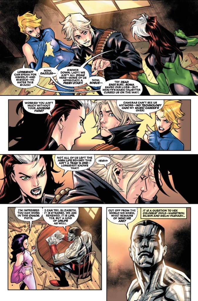 A comic panel featuring several characters in a heated discussion. Dazzler, Rogue, and others appear engaged in debate, with one character expressing concern about their situation. Another character, seated at a table, reflects on their past and identity.