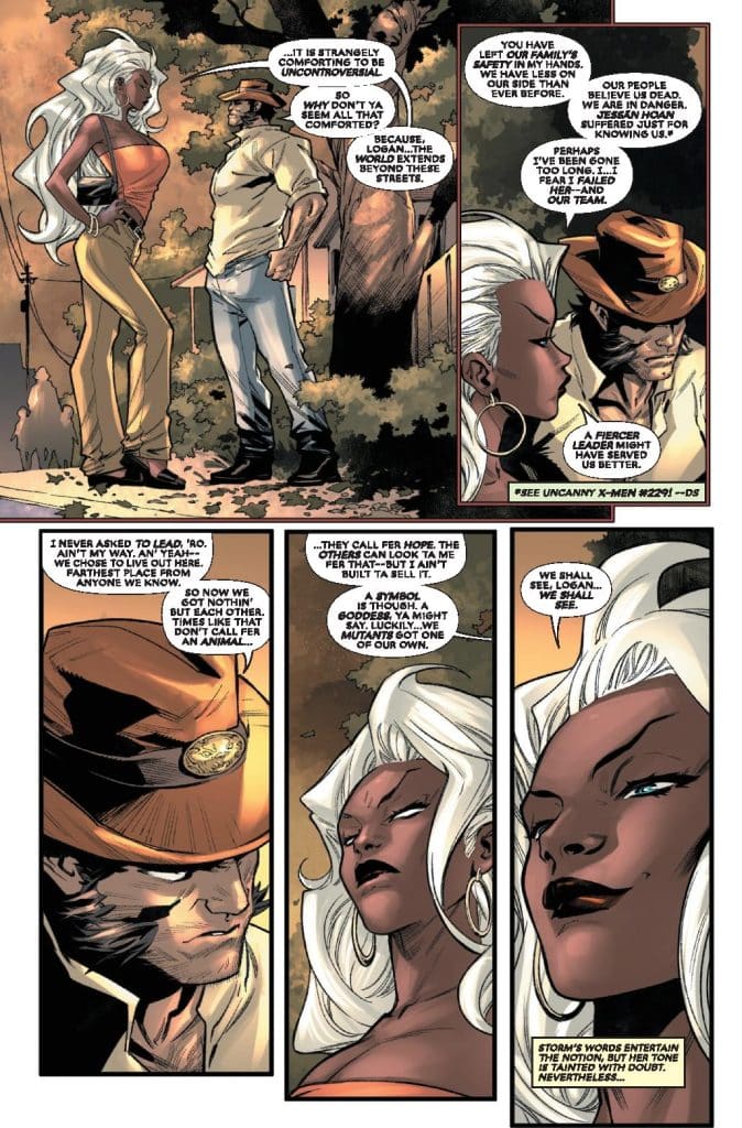 A comic book page featuring two characters engaged in a serious conversation. One character, with long white hair and wearing a form-fitting outfit, stands confidently while the other, a man in a hat and casual clothing, listens intently. The dialogue suggests themes of leadership, safety, and trust within their community. The background shows a street scene, adding context to their discussion.