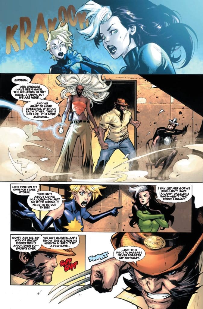 Comic book page featuring characters engaged in dialogue and action, with sound effects like 'KRAKOOM' and 'SNIKT.' Characters include Storm, and others, depicting a tense moment highlighting themes of survival and teamwork.