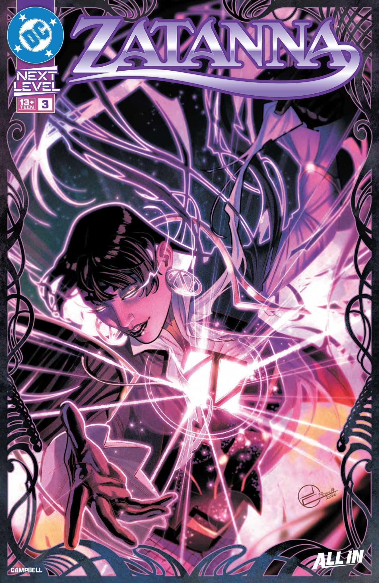 Cover of Zatanna comic book featuring the character Zatanna casting a spell, surrounded by mystical energy and magical symbols.