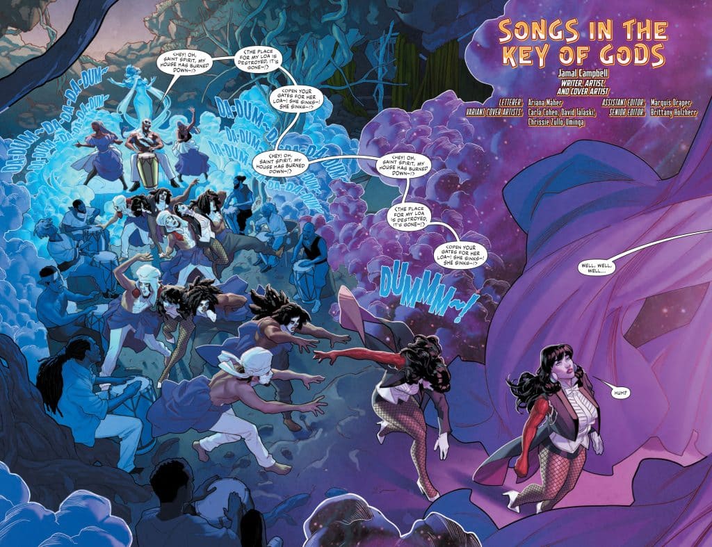 An illustrated comic page from 'Songs in the Key of Gods', featuring characters in a mystical forest setting, surrounded by vibrant colors and dramatic expressions. The scene depicts musicians and dancers interacting with a spectral presence, with dialogue balloons conveying a sense of urgency and wonder.