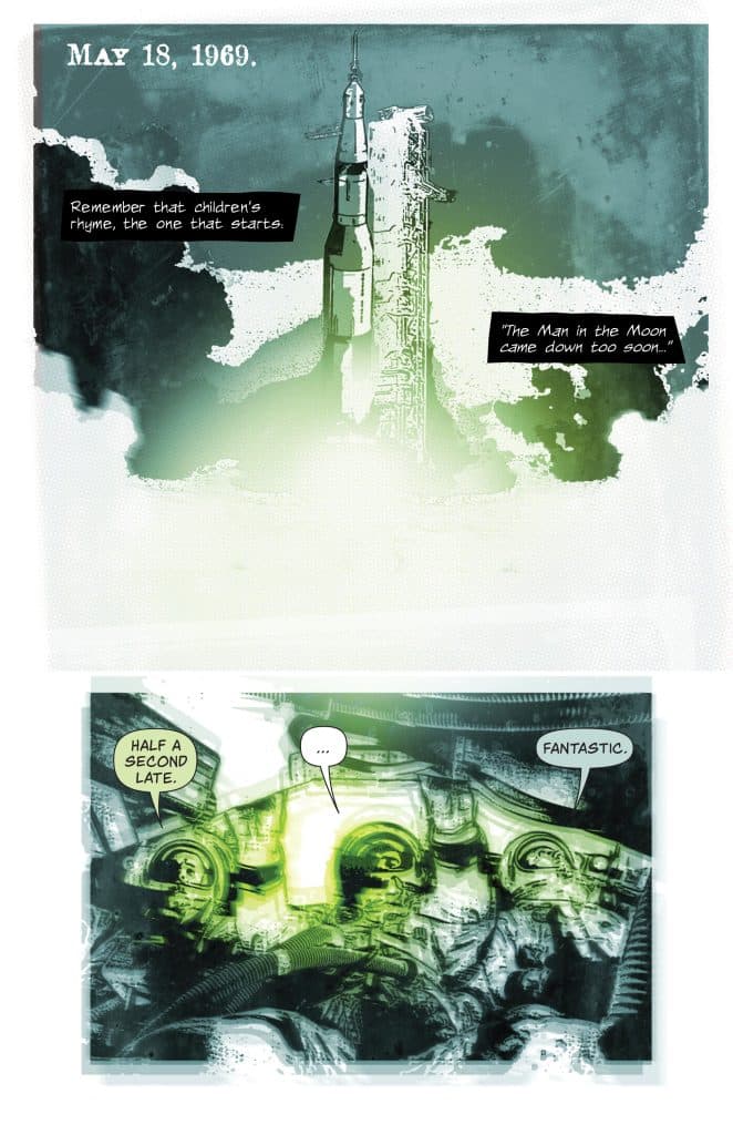 A comic-style illustration depicting a rocket launch on May 18, 1969, with text referencing a children's rhyme about the Man in the Moon and a dialogue about being half a second late.