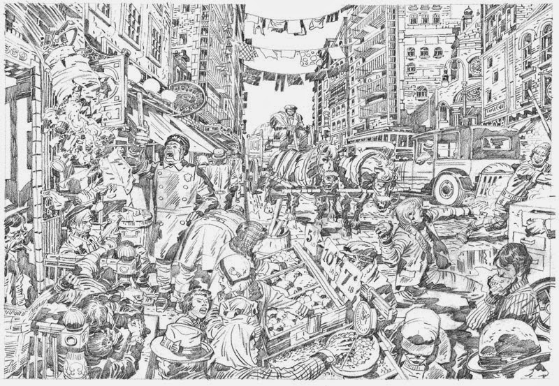 Art by Jack Kirby, “Street Code” pages 5-6 spread. 1983