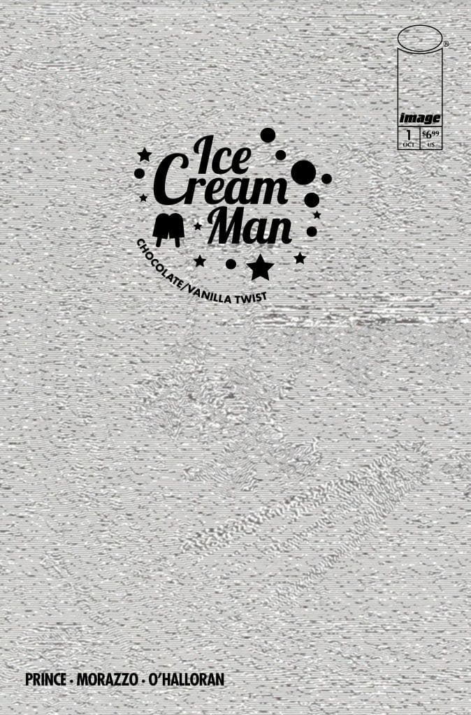 Cover of the comic book 'Ice Cream Man' featuring a minimalist design with the title in stylized text and a tagline 'Chocolate Vanilla Twist'. The background is textured and gray, with additional text indicating the issue number, price, and creator credits.