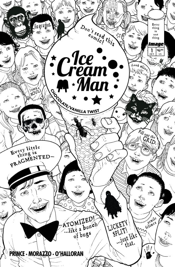 Black and white comic book cover featuring multiple smiling children, an ice cream man holding an ice cream cone, and various illustrations of eerie faces and text elements including 'Don't read this comic!' and 'Ice Cream Man.'