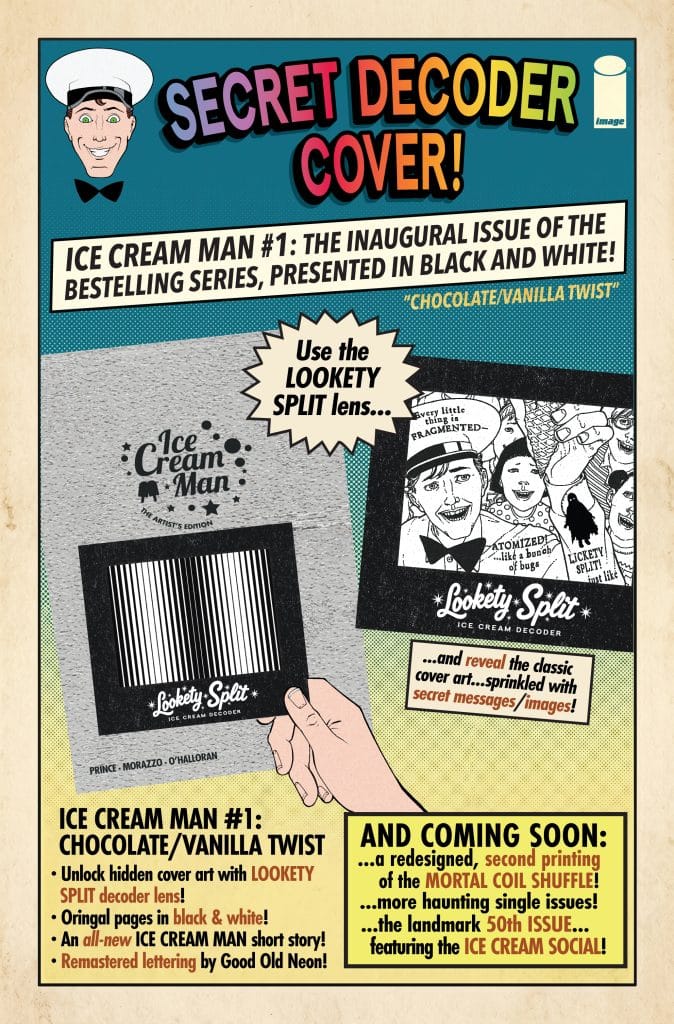A promotional cover for "Ice Cream Man #1" featuring a cartoon ice cream vendor, highlighting secret decoder features and a special lens called Lookety Split. The design includes vibrant colors and playful fonts with text about the comic series and upcoming issues.