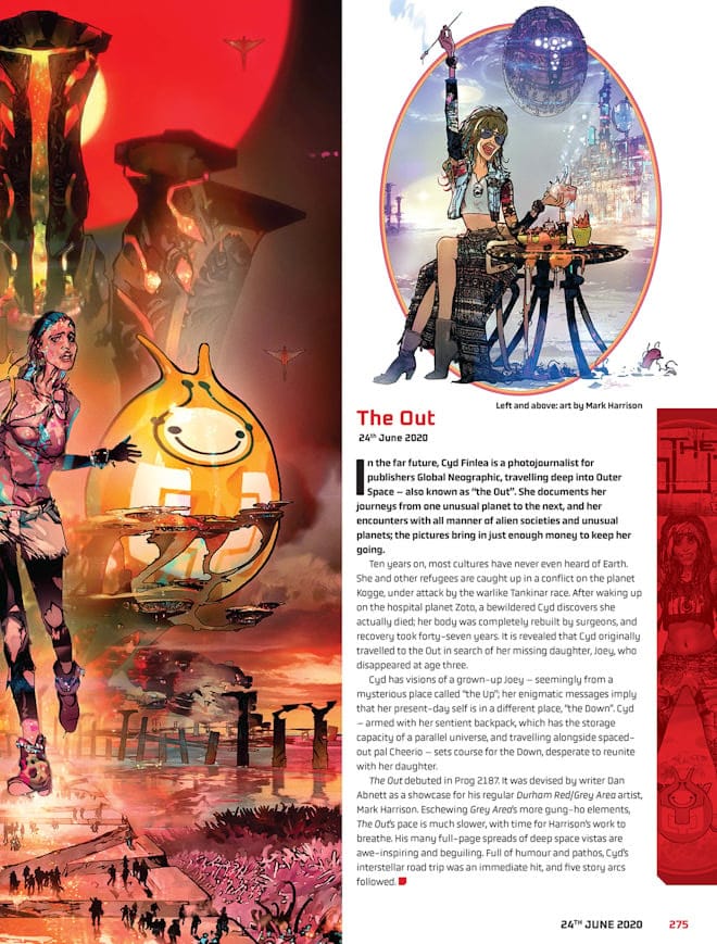 A vibrant sci-fi illustration featuring a futuristic landscape with alien structures, a smiling yellow character, and characters in elaborate outfits, reflecting a blend of adventure and exploration in outer space.