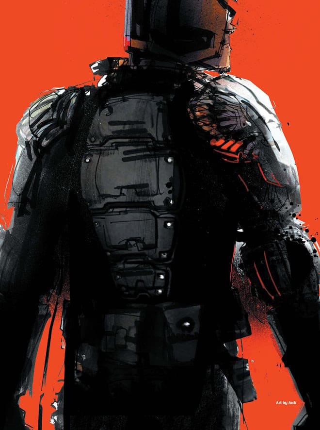 Digital art of a futuristic armored figure with a dark silhouette against a vibrant orange background.