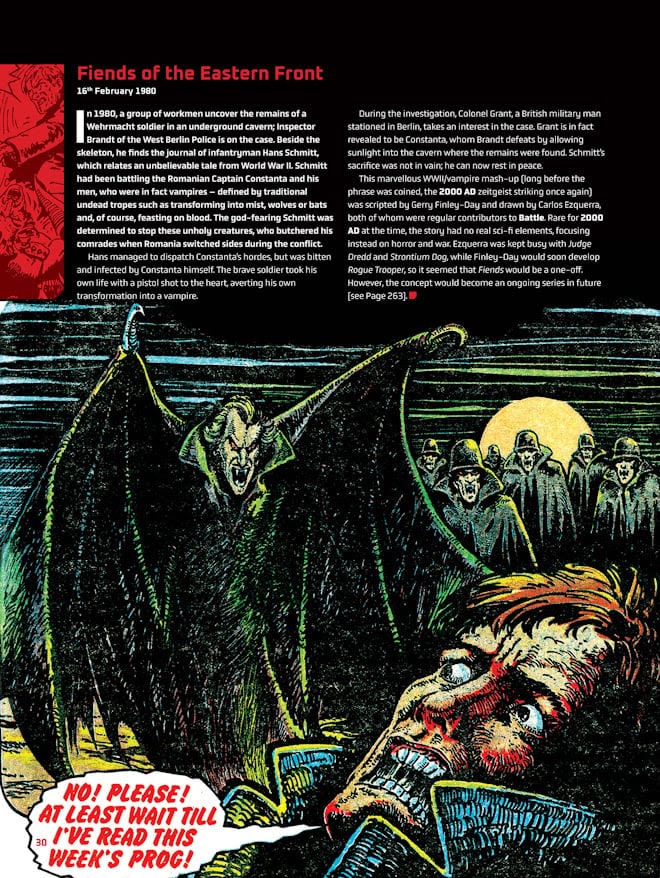 An illustration from a comic featuring a vampire emerging from the shadows, with a group of cloaked figures in the background. In the foreground, a terrified man pleads for his life. The scene is set in a dark, eerie environment, creating a suspenseful atmosphere.