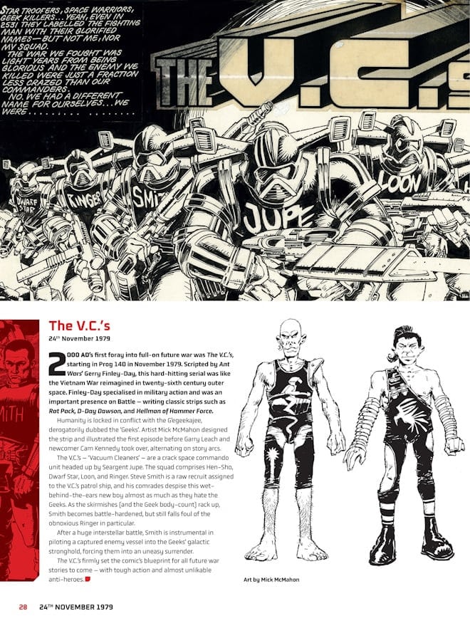 A page from a comic or graphic novel featuring characters from 'The V.C.s', including various space warriors in futuristic armor with weapons, and accompanying text describing the series' background and development.