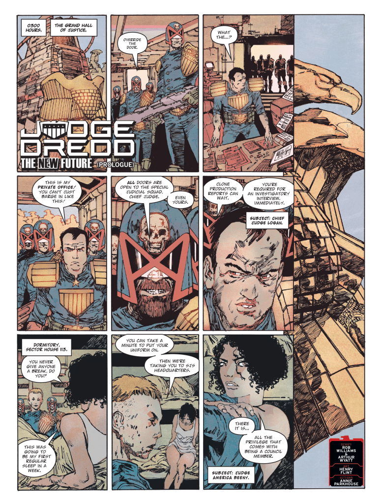 Comic page of Judge Dredd titled 'The New Future (Prologue)' featuring characters in a futuristic setting discussing judicial matters and policies.