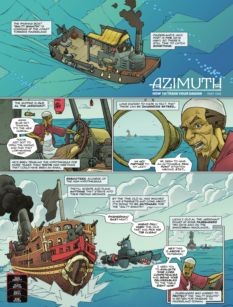 A comic panel featuring a fishing boat named 'Salty Shanty' sailing through blue waters, with an old captain steering and discussing dangers of the sea. In the background, a large pirate ship and a submarine are visible, surrounded by waves and a cloudy sky.