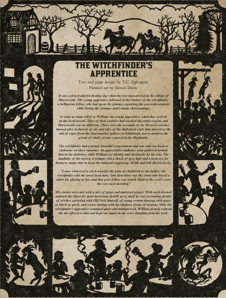 A stylized illustration depicting scenes from 'The Witchfinder's Apprentice' with silhouettes of people, horses, and a house, alongside text describing a foreboding atmosphere and tales of witchcraft.