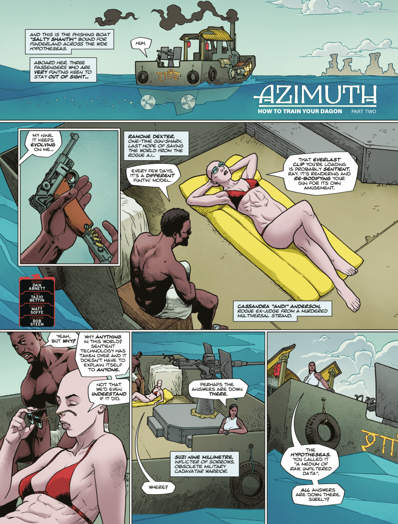 A comic panel depicting a fishing boat named 'Salty Shanthi' on water, with three passengers: a man holding a firearm, a woman lounging on a yellow float in a bikini, and another man in a seated position. The scene reflects a blend of action and casual dialogue about weapons and the environment.
