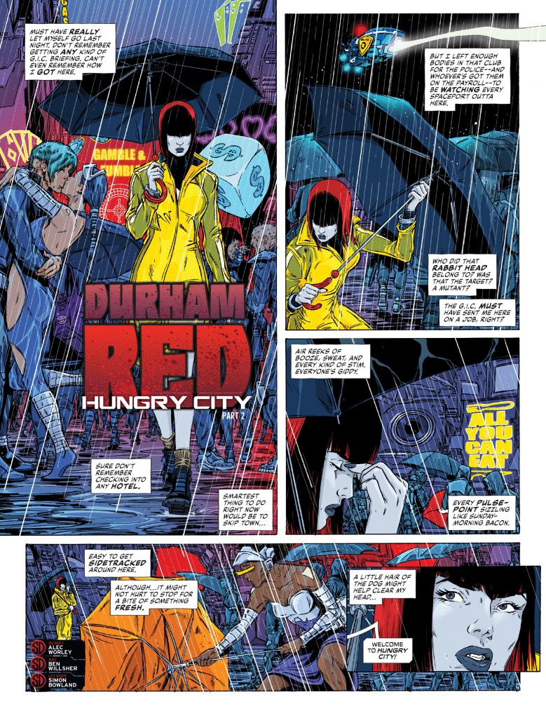 A comic book page featuring a character in a yellow raincoat holding an umbrella in a rainy city environment. Surrounding characters display a futuristic, urban aesthetic, with neon signs and detailed cityscape elements. The text boxes contain dialogues hinting at a narrative involving intrigue and a search for a target.