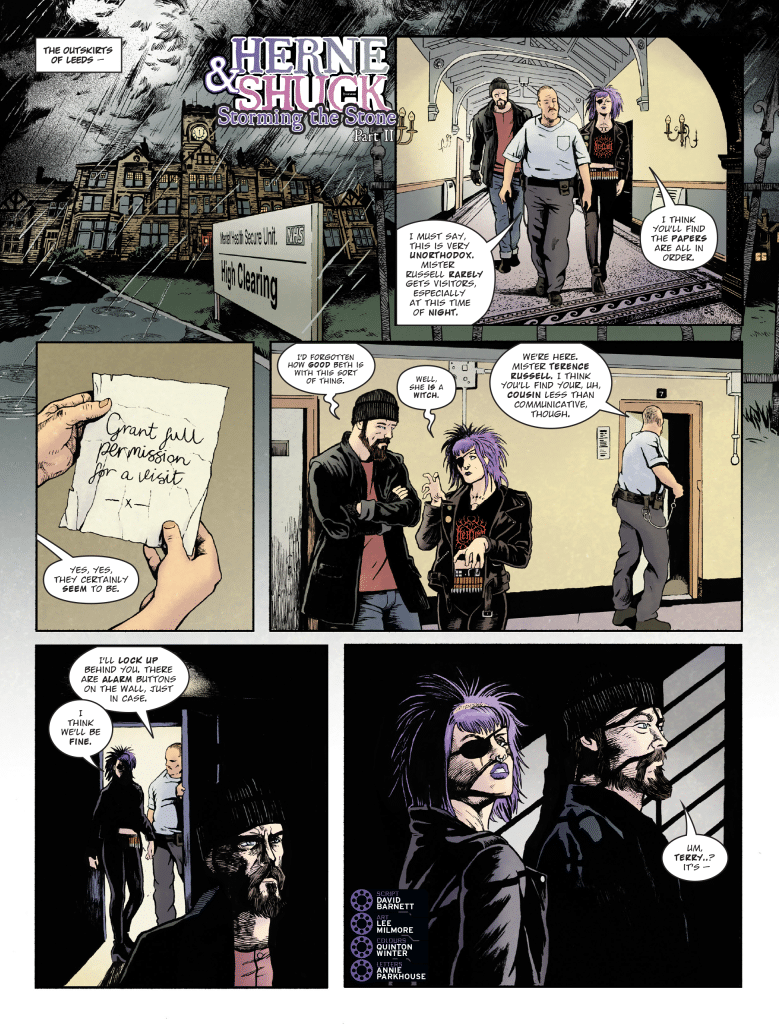A comic panel depicting two characters, one with purple hair and a punk style, walking through a dimly lit corridor with a man in a white shirt, while another character with a beard and a black hat observes. The setting is in a large, eerie building.