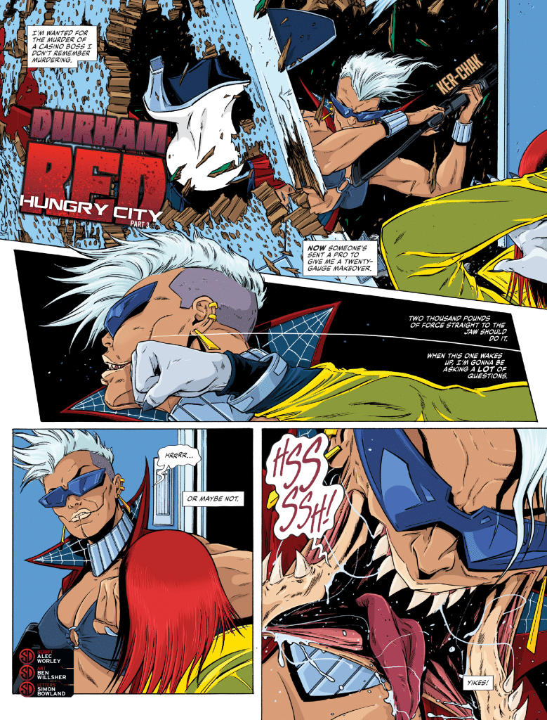 A comic book page featuring the character Durham Red in a dramatic action scene. She is portrayed with white hair, wearing sunglasses and a distinctive outfit. The panel includes dynamic text elements emphasizing the tension in the scene, with a backdrop of destruction and chaos.