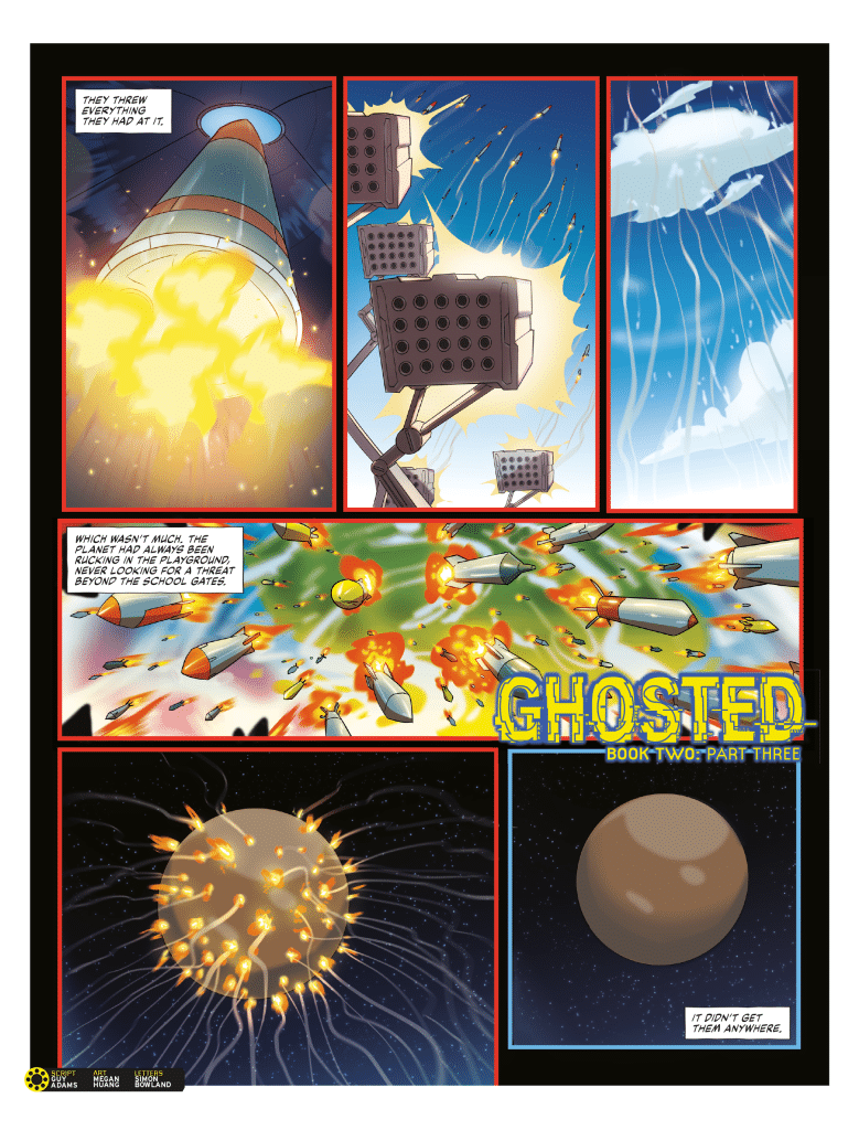 A comic panel depicting a rocket launch with explosions and missiles being fired at a target, showcasing action and intensity.