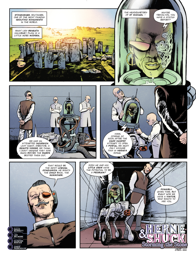A comic panel featuring scenes at Stonehenge, showcasing characters in modern attire discussing an alien in a containment pod. One character appears to have a mechanical eye.