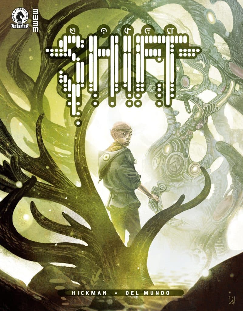 Comic book cover titled 'Shift' featuring a young character standing amidst abstract, organic structures with green and purple hues.