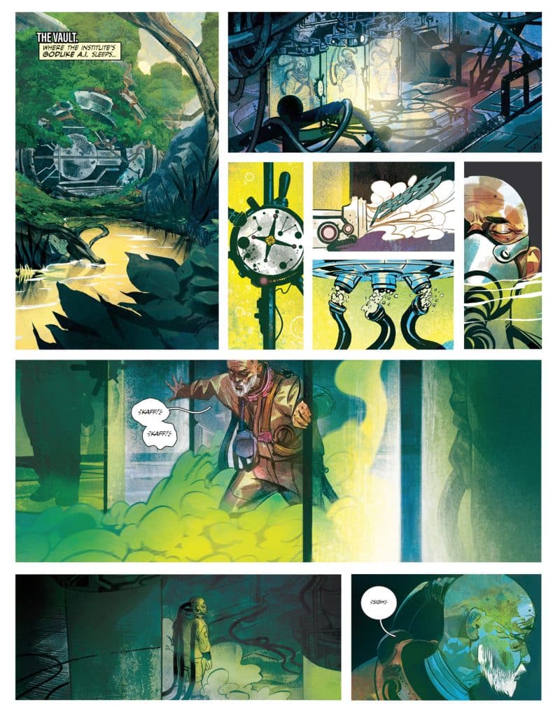 A comic book page depicting a futuristic setting called 'The Vault', featuring lush greenery intertwining with mechanical elements. Scenes include a mysterious figure in a yellow suit, various high-tech devices, and a bubbling green fog. The imagery suggests themes of artificial intelligence and exploration.