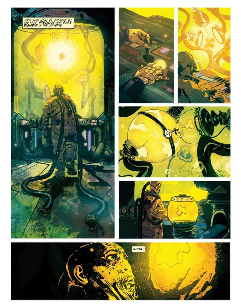 A futuristic comic-style scene featuring a suited figure interacting with a glowing yellow element in a laboratory setting, surrounded by cables and equipment.