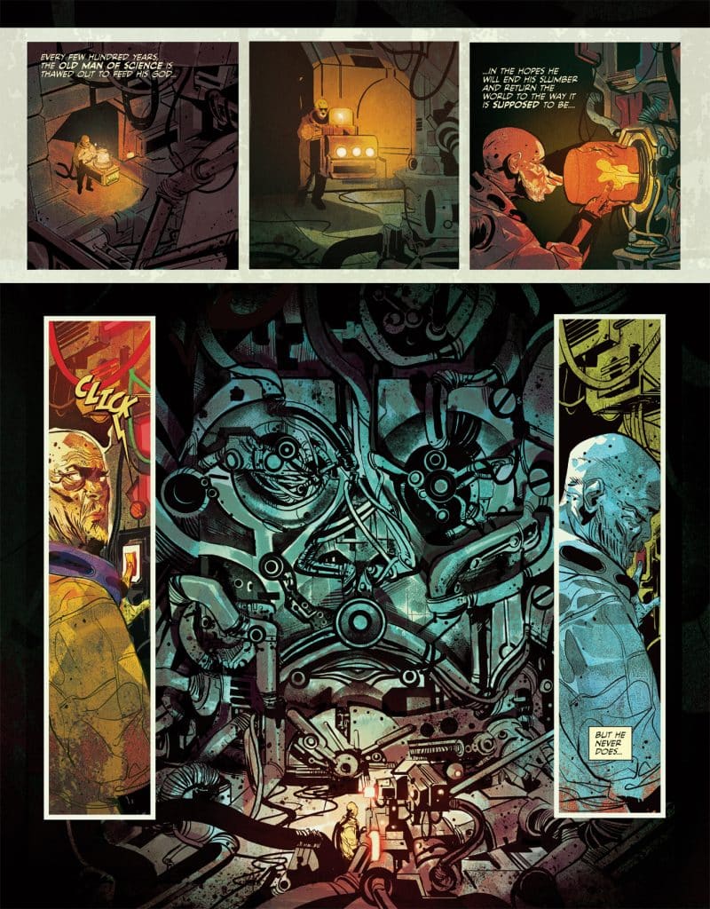 A comic panel depicting an elderly scientist in a laboratory, interacting with a machine. The scene includes a glowing device and intricate machinery in the background, with elements suggesting a blend of science and fantasy.
