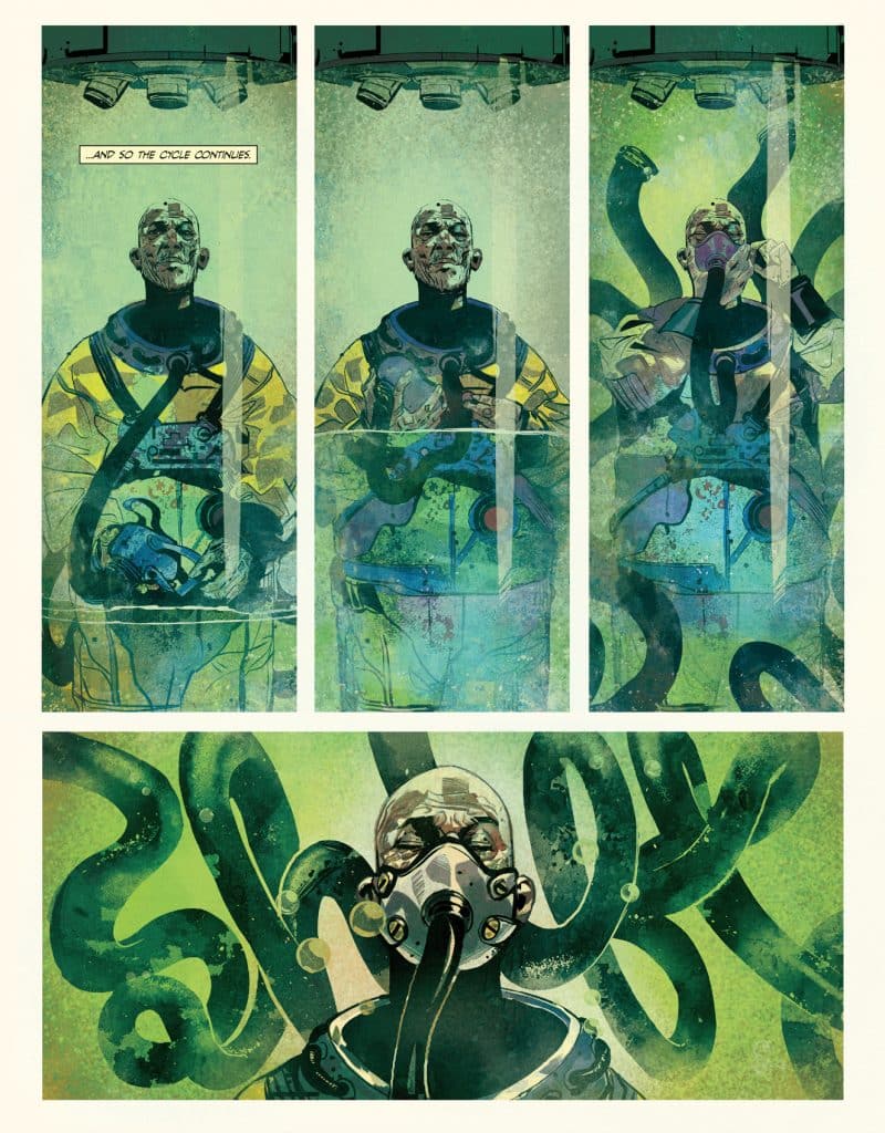 A comic page featuring three panels depicting a figure in a suit, standing in a glass chamber, with various mechanical and organic elements. The top panel has the text '...and so the cycle continues.' The bottom panel shows the figure with a gas mask, surrounded by abstract tentacle-like shapes.
