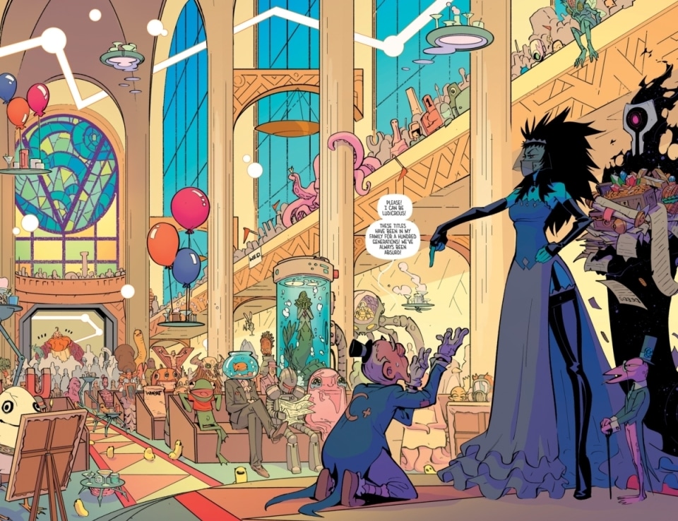 A vibrant, colorful comic-style illustration of a bustling hall filled with diverse characters and whimsical creatures. The interior features tall windows with stained glass, balloons, and a variety of fantastical decor. In the foreground, a character in a blue dress interacts with a figure kneeling before them, surrounded by other eccentric beings and curious items.