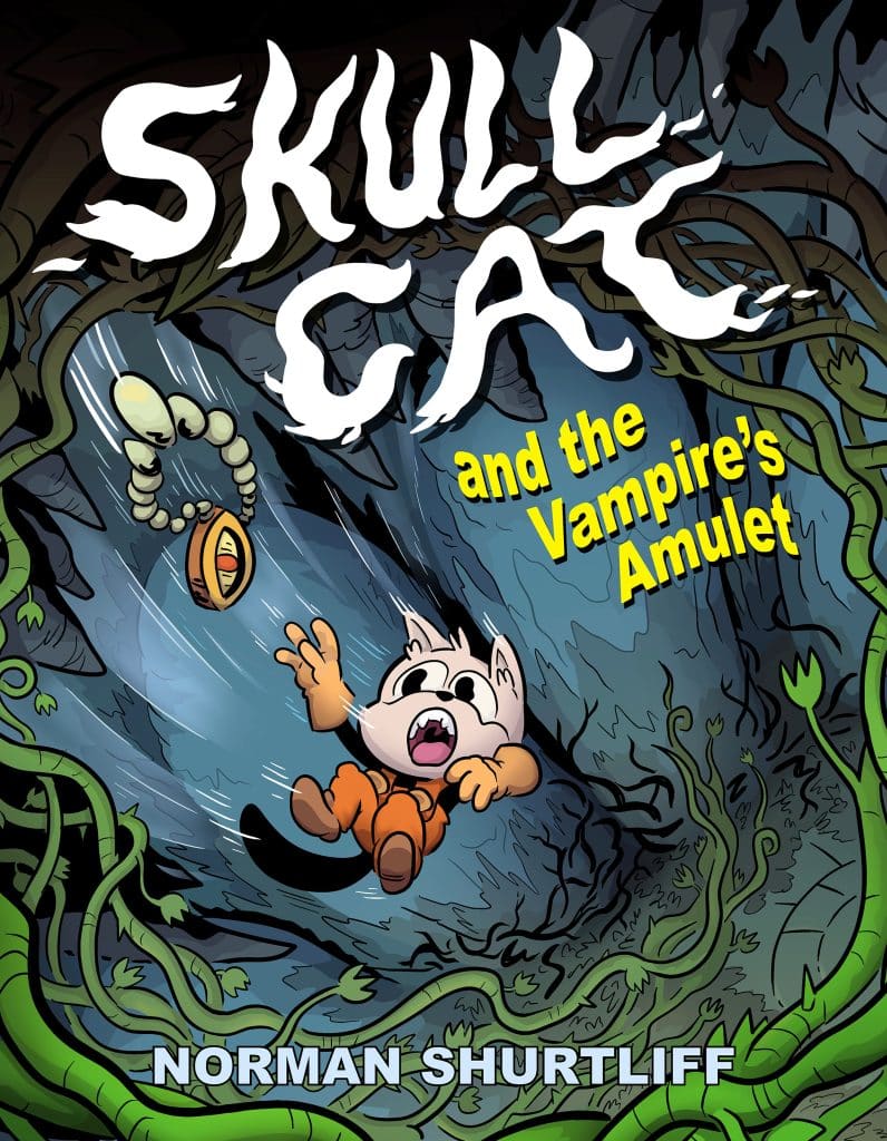 Cover of the comic book 'Skull Cat and the Vampire's Amulet' featuring a cartoon cat character falling while reaching for an amulet, surrounded by swirling vines.
