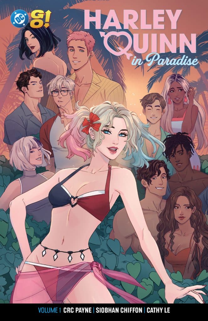 Colorful comic book cover featuring Harley Quinn in a bikini with multiple characters in the background, set in a tropical paradise.