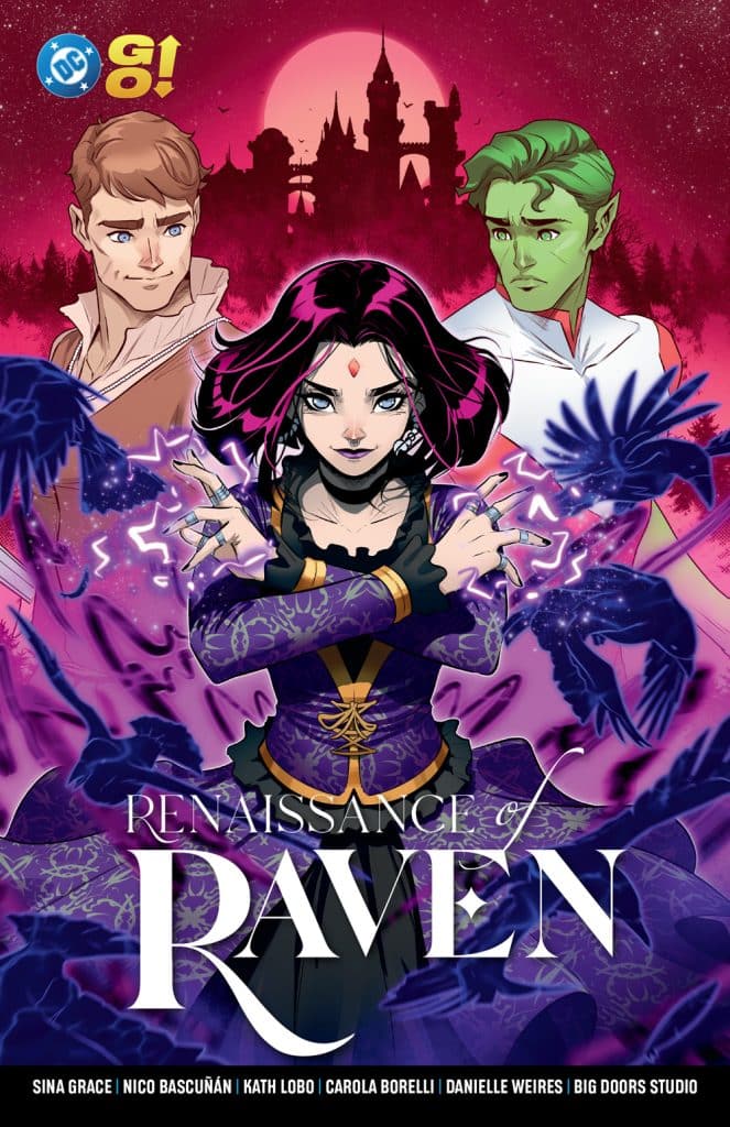 A colorful comic cover titled 'Renaissance of Raven' featuring three characters: a dark-haired woman in a mystical pose, a light-haired man on the left, and a green-skinned character on the right. The background shows a fantasy castle and a pink moon.