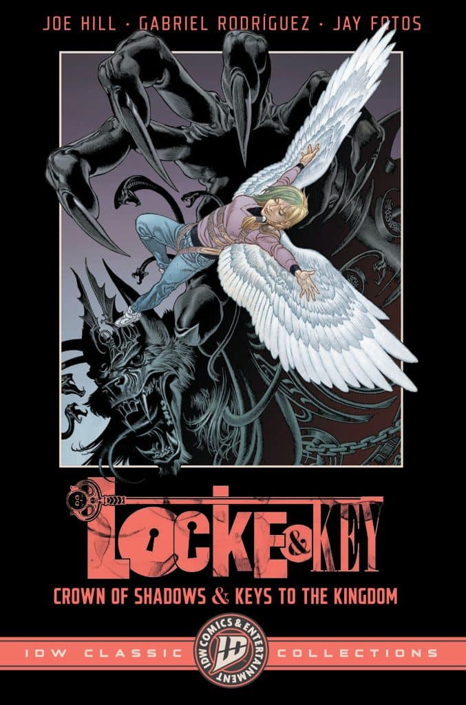 Cover of the comic book 'Locke & Key: Crown of Shadows & Keys to the Kingdom' featuring a child with wings being pursued by dark, monstrous figures.
