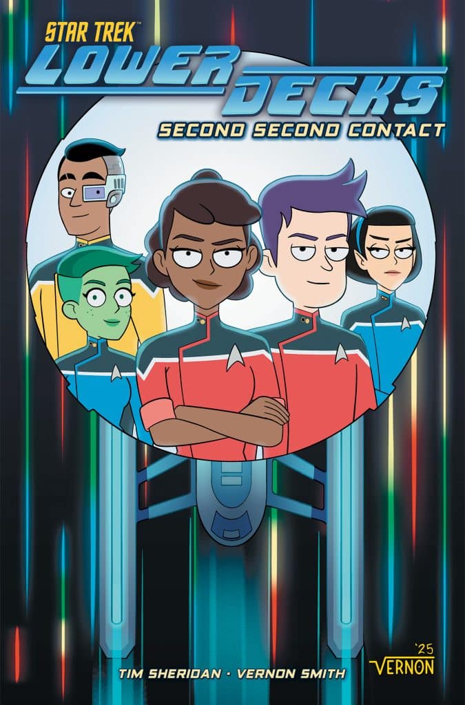 Cover of 'Star Trek: Lower Decks - Second Second Contact' featuring animated characters in Starfleet uniforms with a starship backdrop.