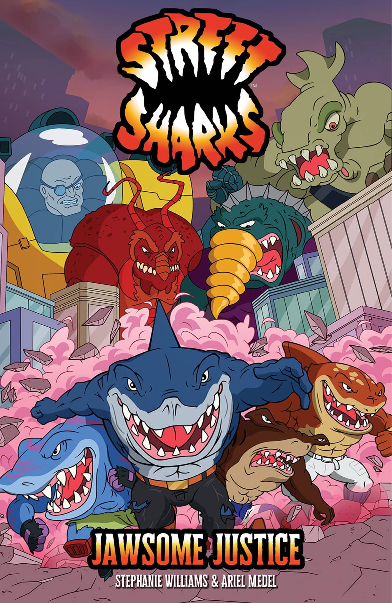 Colorful illustration featuring the 'Street Sharks' characters in action, with dynamic poses and a vibrant background. The title 'Jawsome Justice' is prominently displayed at the bottom.