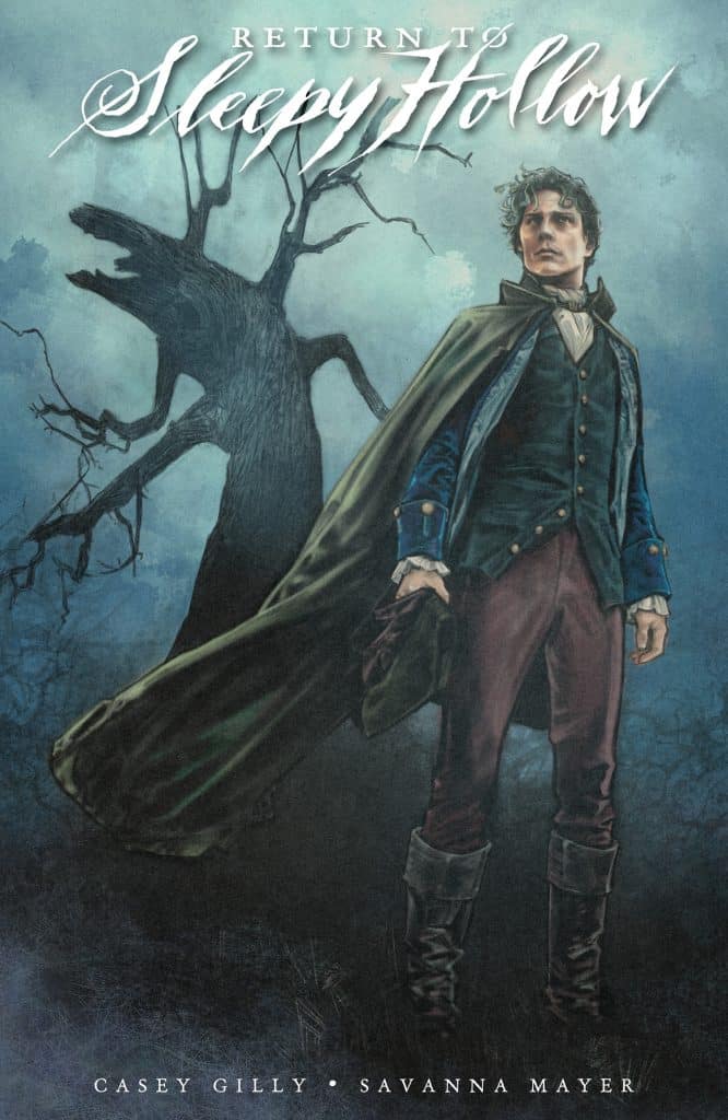 A young man in a dark cape and period clothing stands in front of a gnarled tree, with a mystical atmosphere in a forest setting. The title 'Return to Sleepy Hollow' is prominently displayed at the top.
