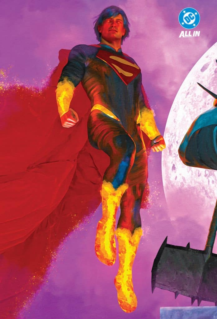 A superhero figure in a blue and red costume with a superhero emblem, flying against a colorful, purple background with a full moon.